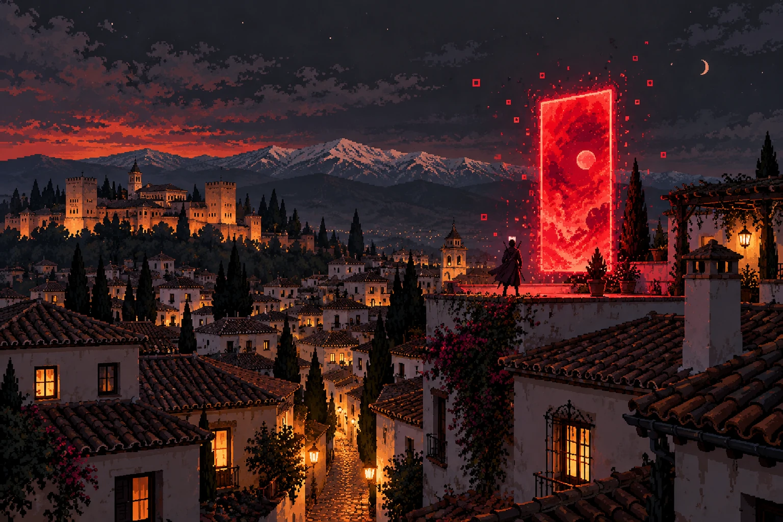 Ilustración pixel art de una aventura imaginaria entre los tejados de Granada